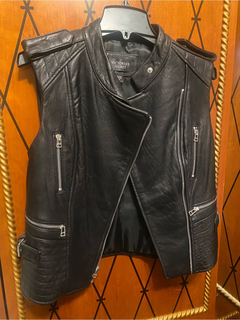 Vintage Victoria's Secret Black Leather Moto Vest with Silver Zippers